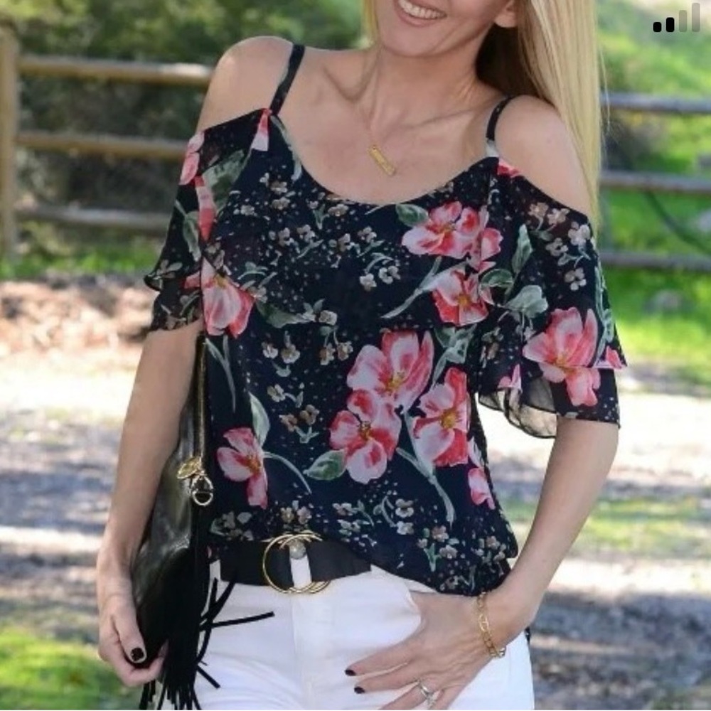 CAbi Floral Cold Shoulder Top - Black and Pink